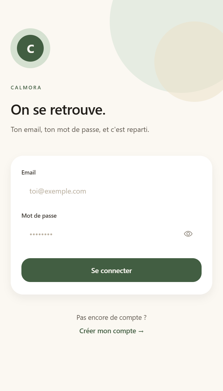 Écran d'accueil de Calmora : « On se retrouve. »