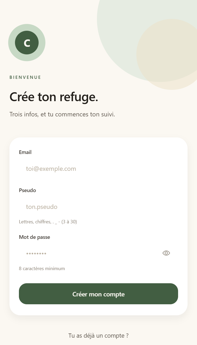 Création de compte sur Calmora : « Crée ton refuge. »