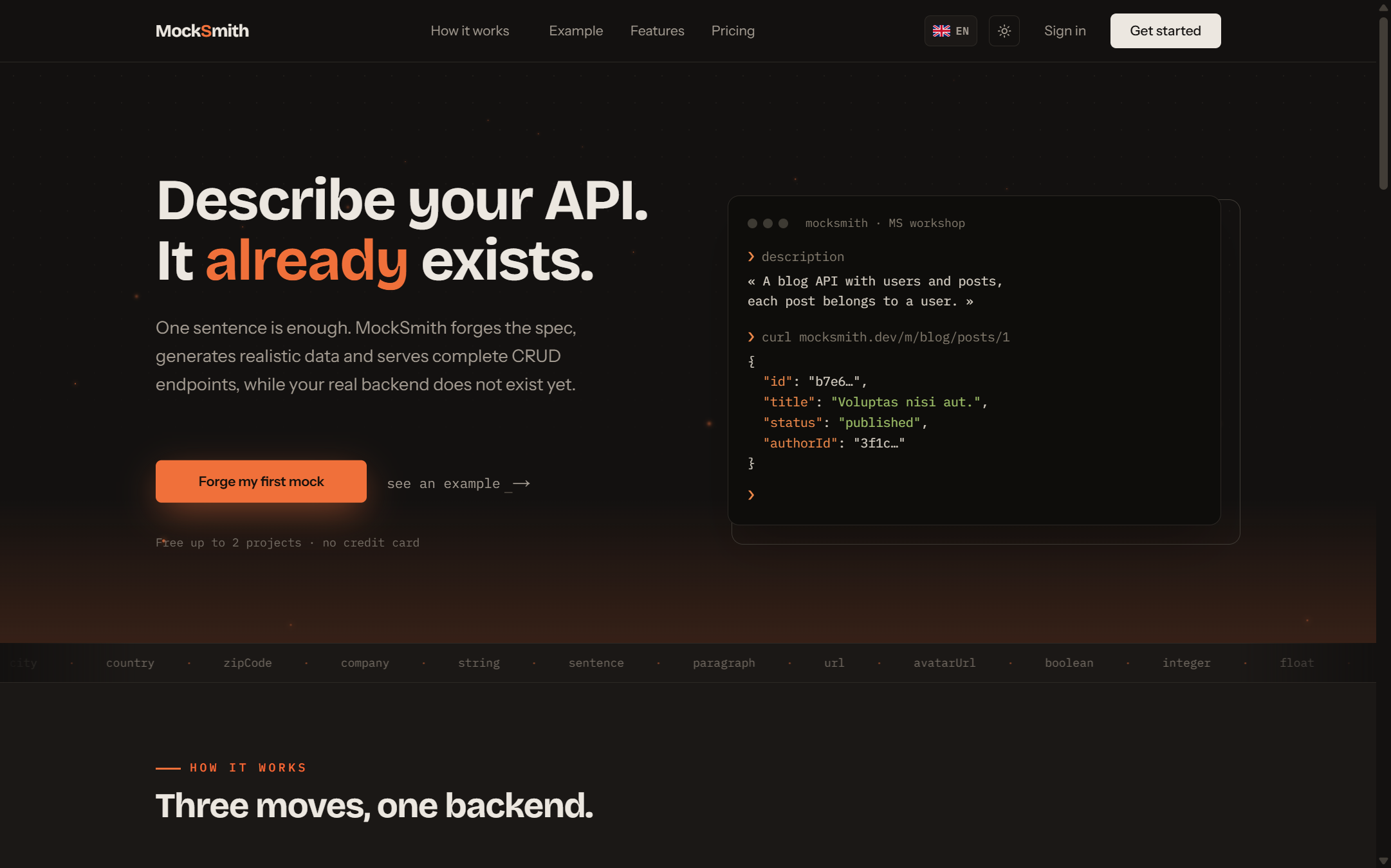 Page d'accueil de Mocksmith : « Describe your API. It already exists. »